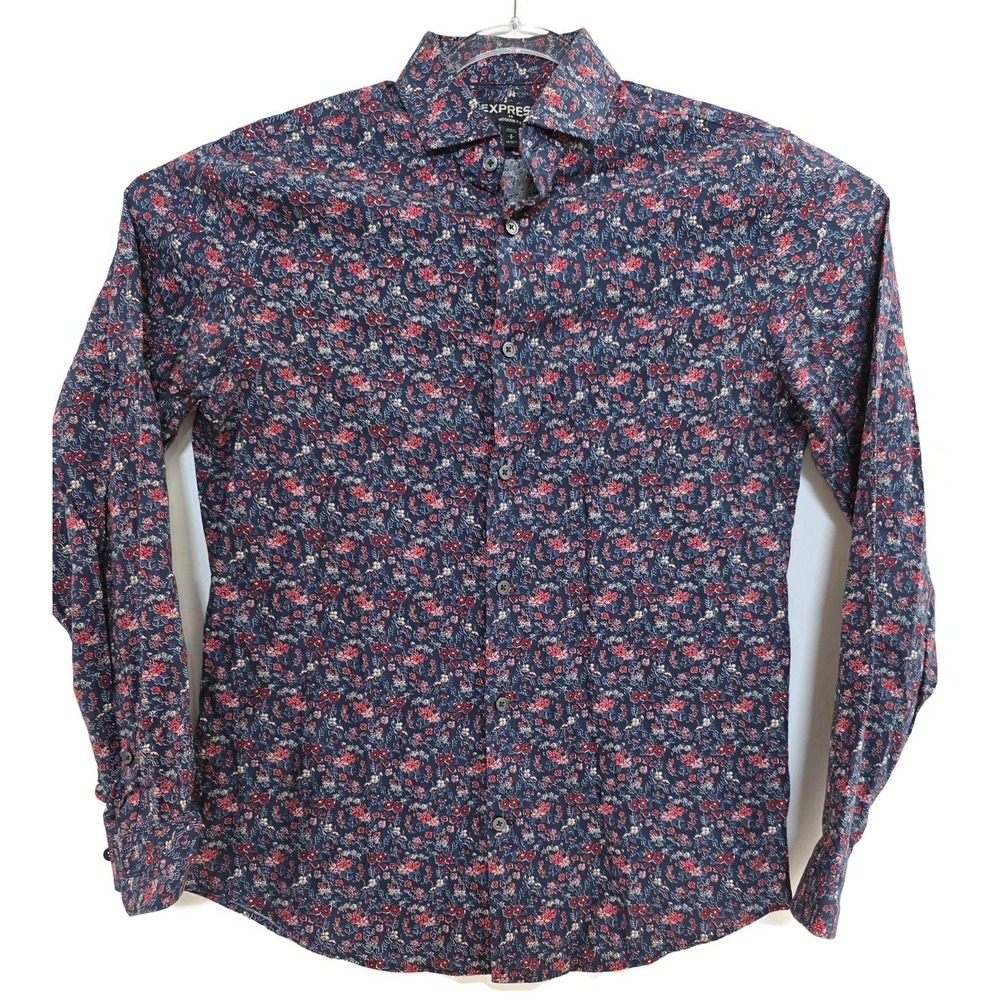 Express Shirt Mens Small Navy Floral Button Front Long Sleeve Modern Fit Casual